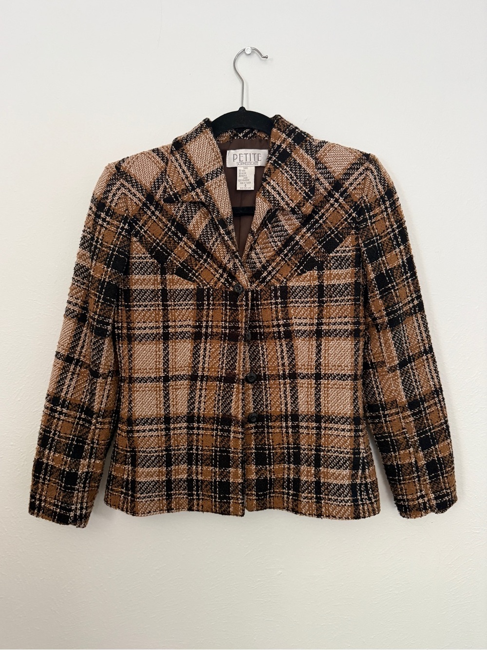 Vintage Petite Sophisticate Plaid Tweed Blazer in Brown & Black